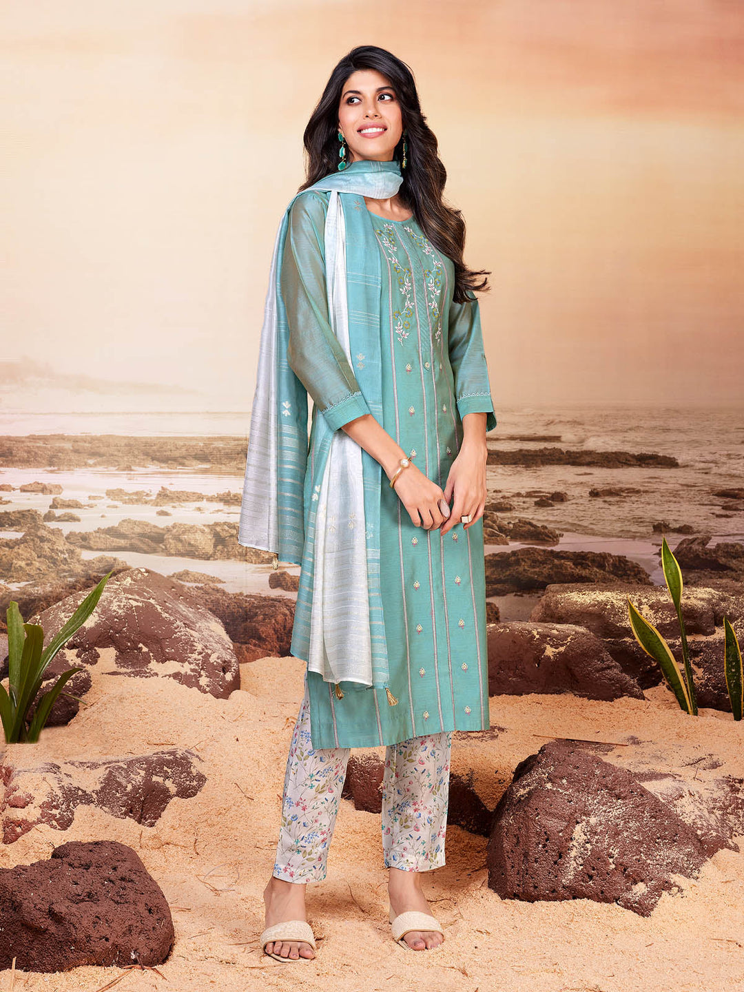 Soft Teal Blue Chanderi Suit Set