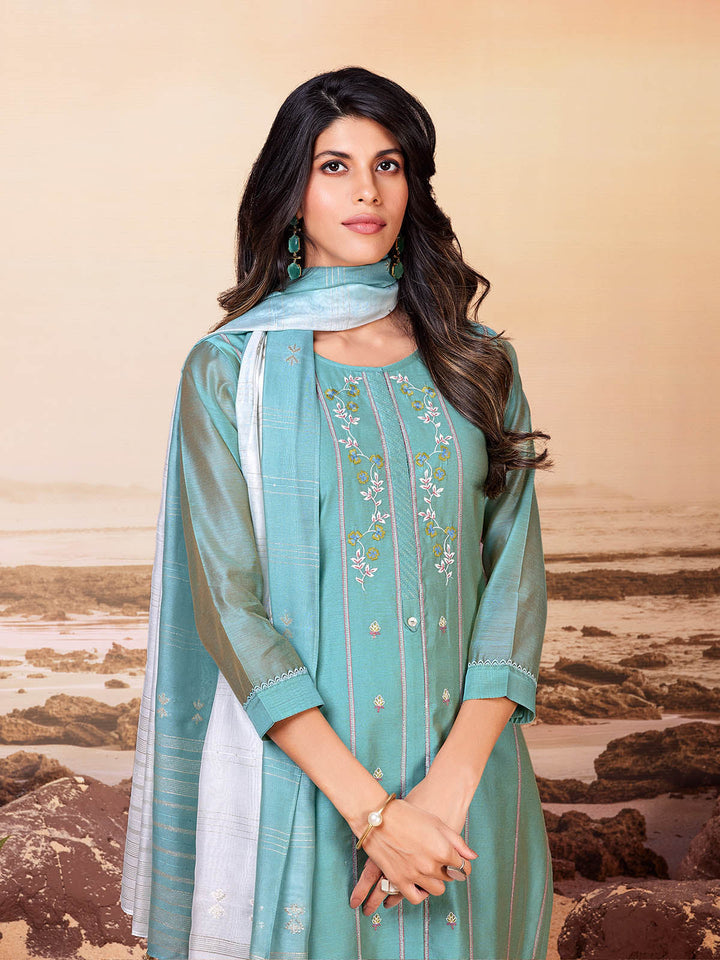 Soft Teal Blue Chanderi Suit Set