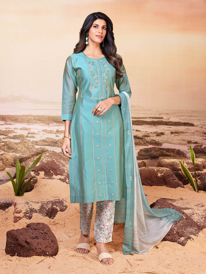 Soft Teal Blue Chanderi Suit Set