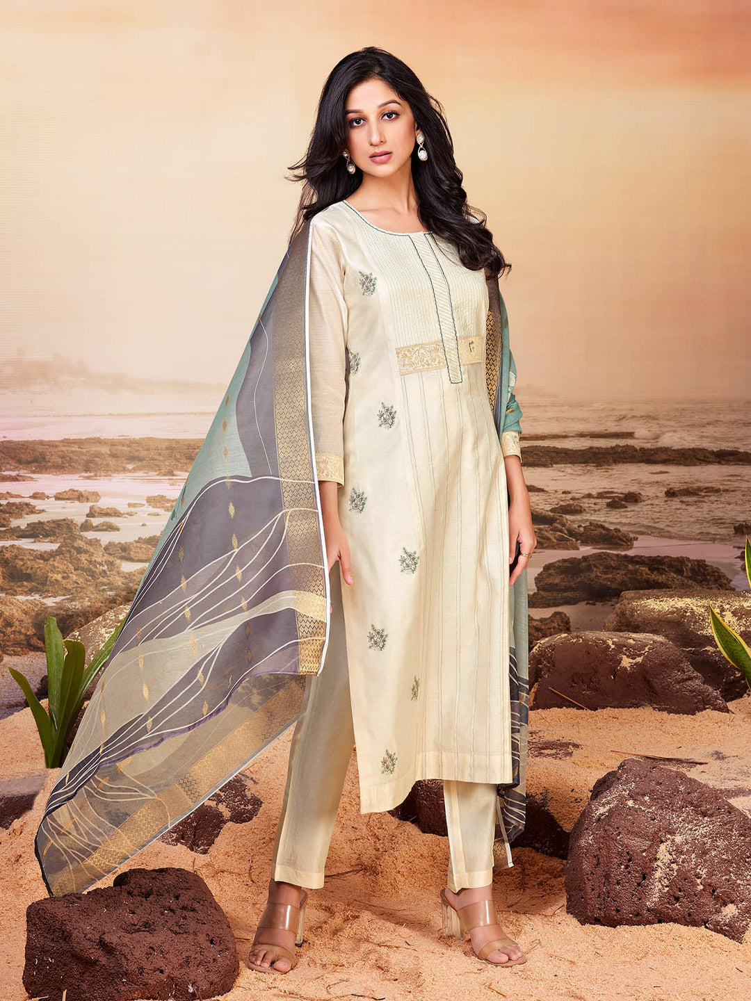 Cream Chanderi Suit Set