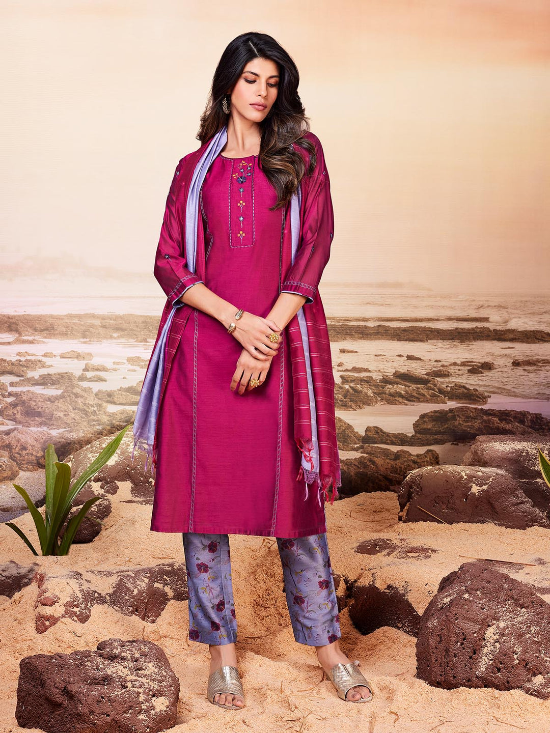 Magenta Pink Chanderi Suit Set