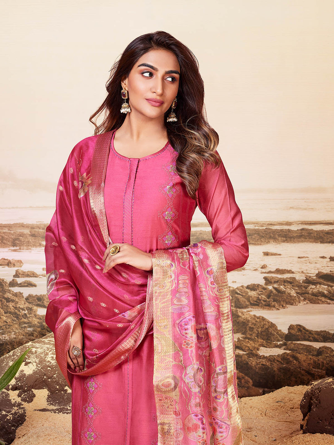 Fuscia Pink Chanderi Suit Set