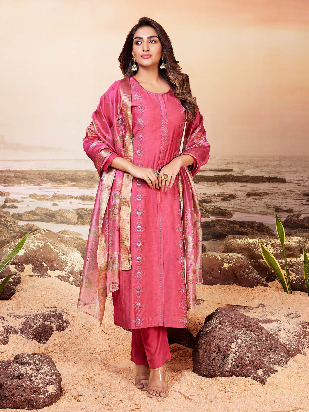 Fuscia Pink Chanderi Suit Set