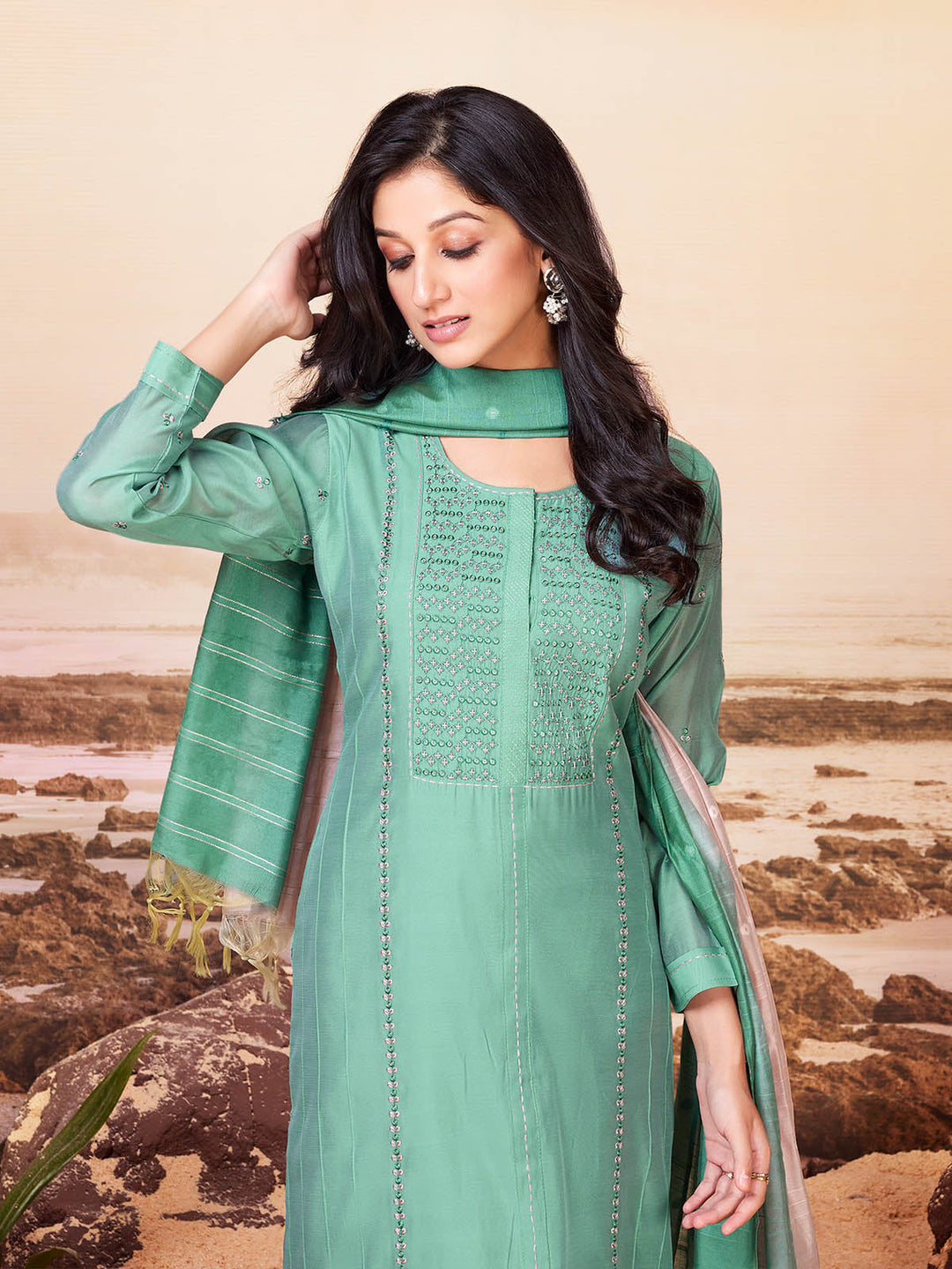 Sage Green Chanderi Suit Set