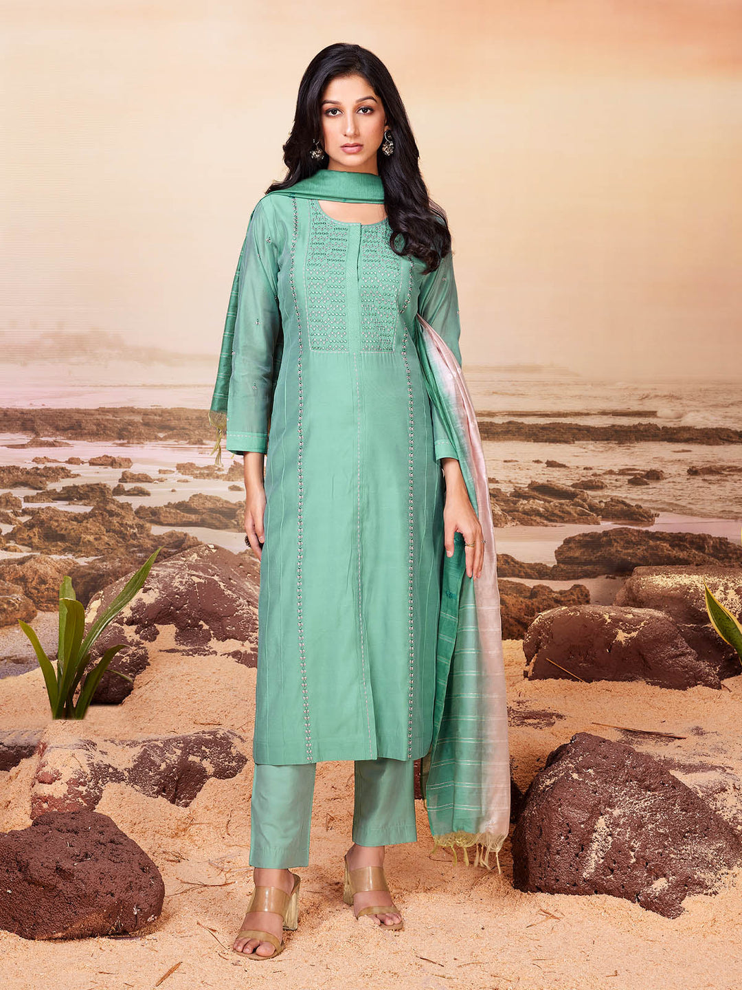 Sage Green Chanderi Suit Set