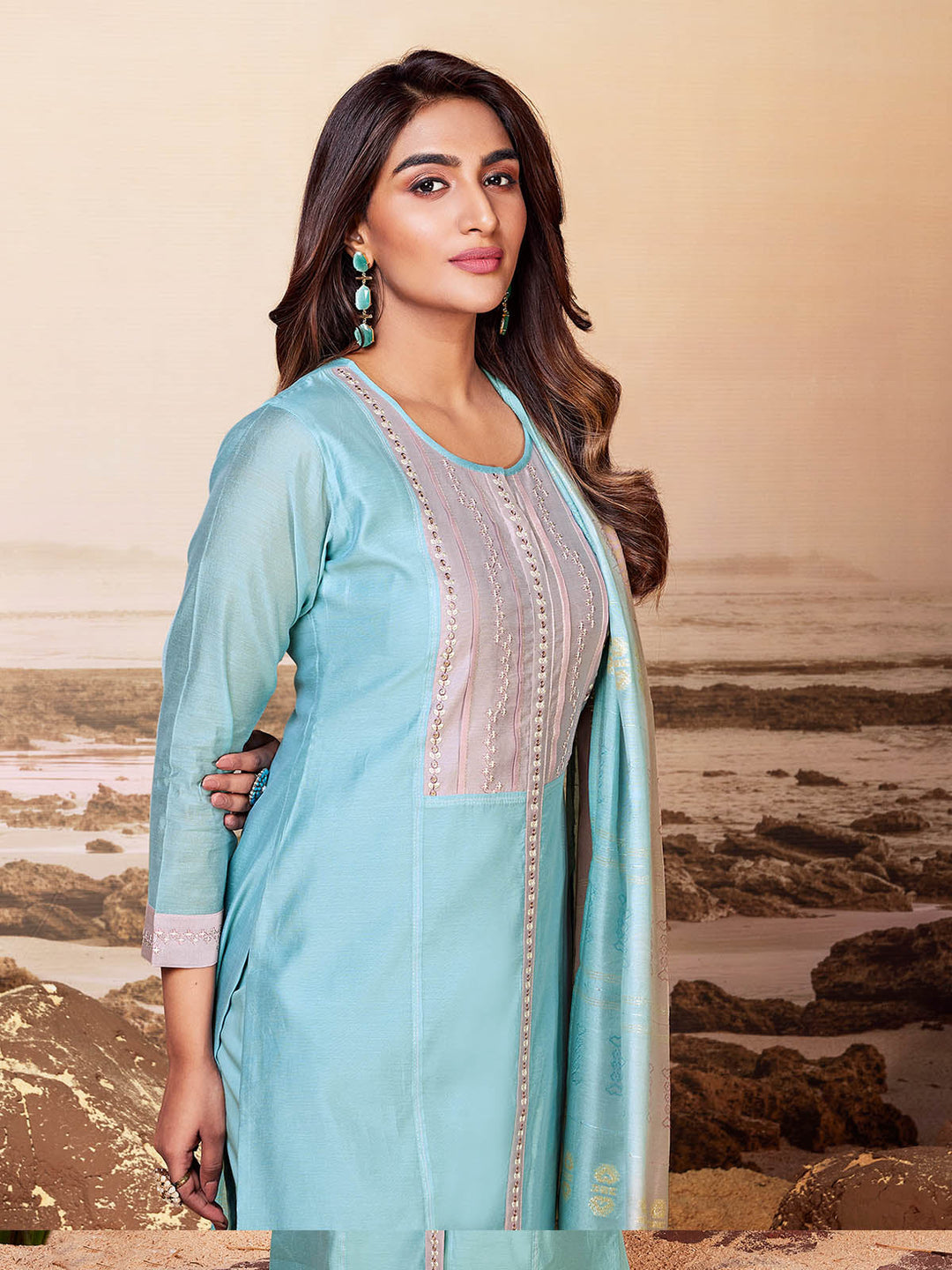 Powder Blue Chanderi Suit Set