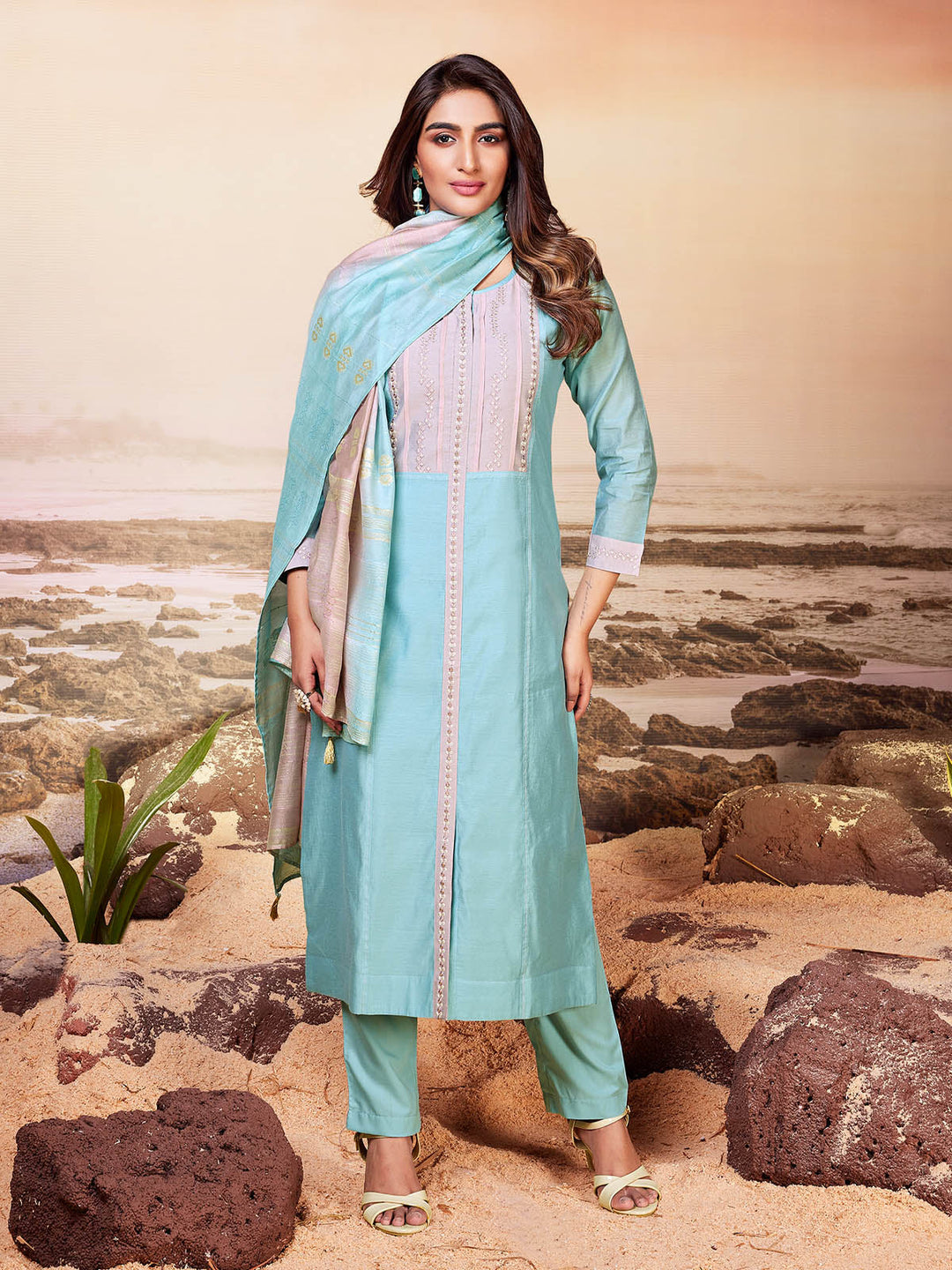 Powder Blue Chanderi Suit Set