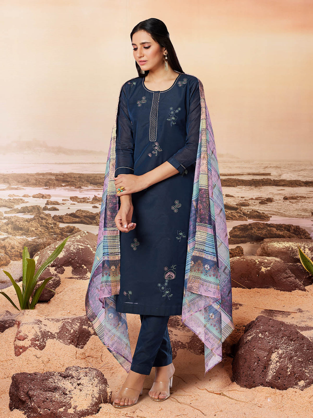 Space Blue Chanderi Suit Set