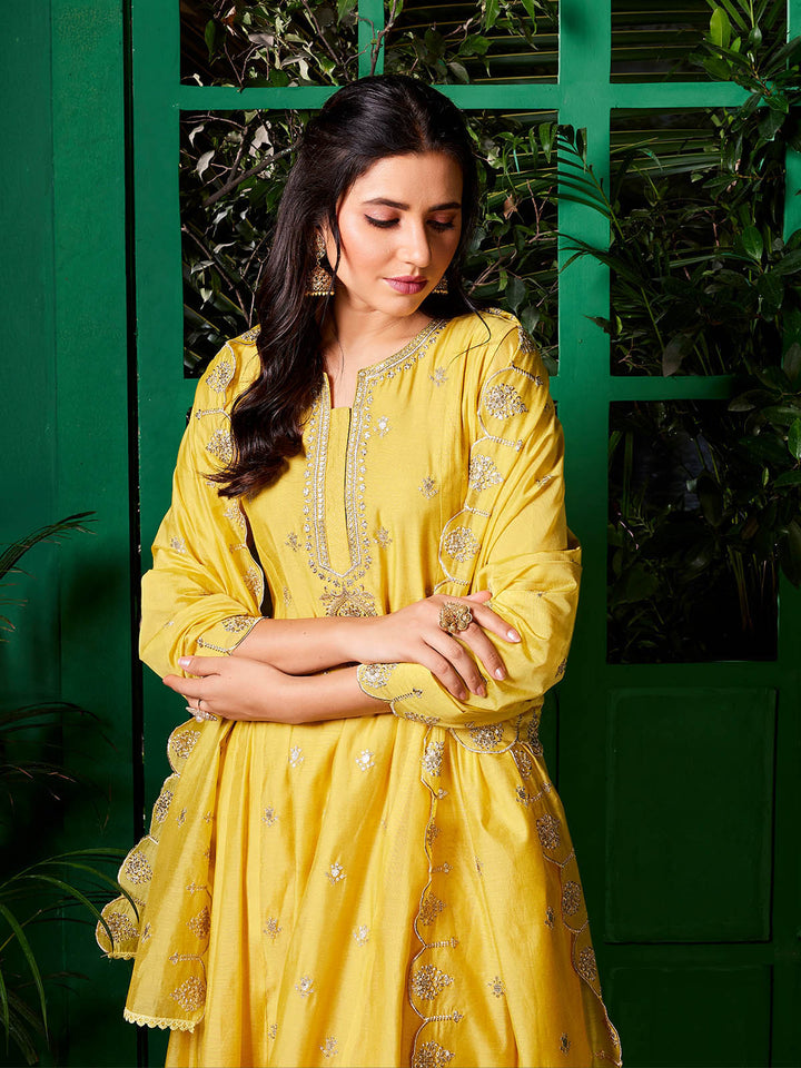 Yellow Chanderi Anarkali Set