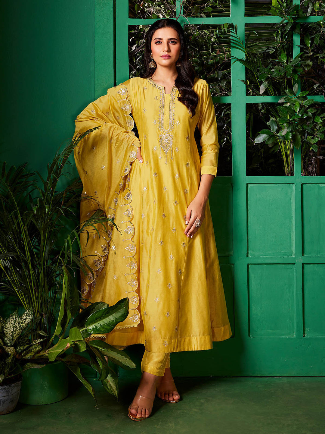 Yellow Chanderi Anarkali Set