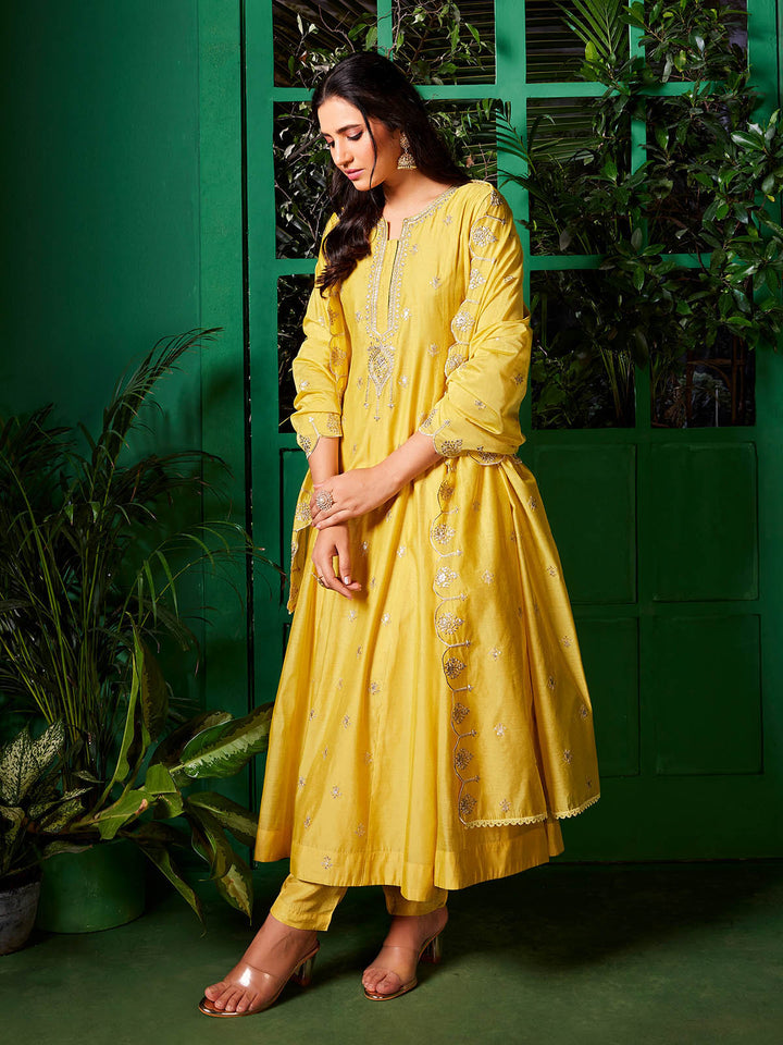 Yellow Chanderi Anarkali Set