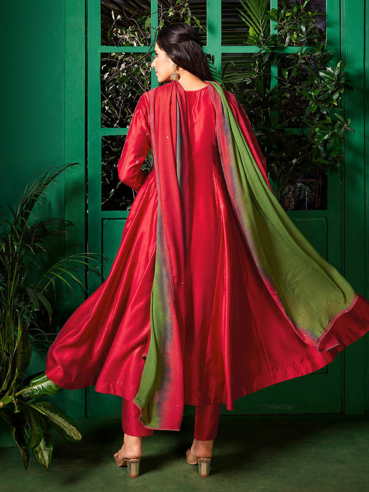 Red Semi-Silk Anarkali Set