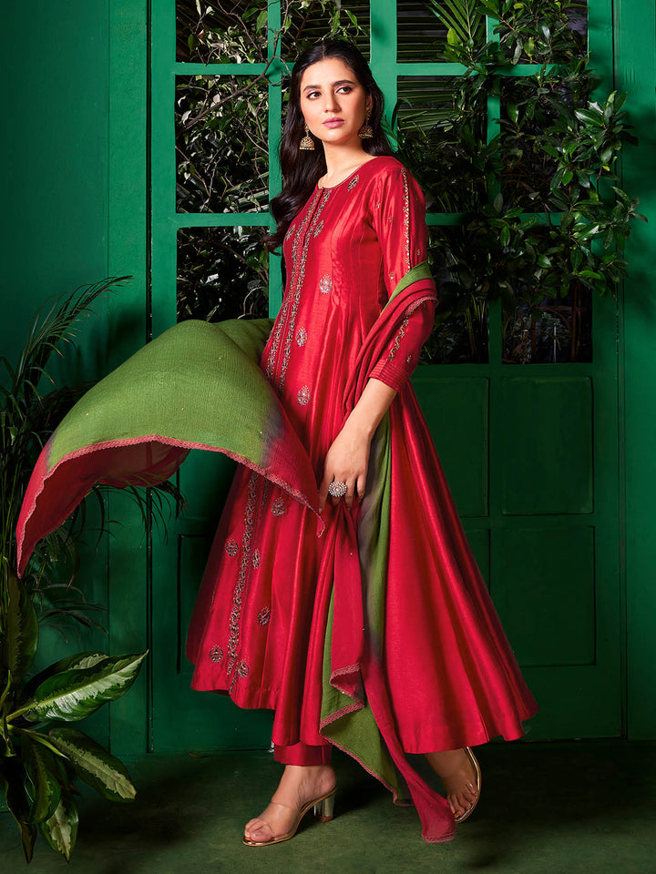 Red Semi-Silk Anarkali Set