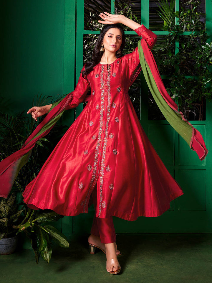 Red Semi-Silk Anarkali Set