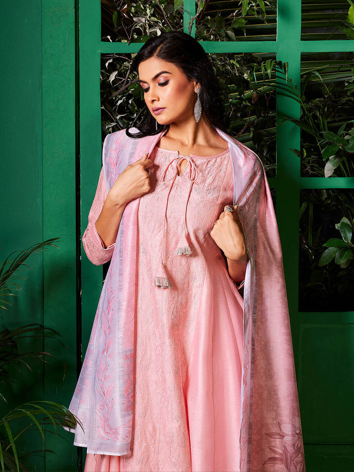 Soft Pink Semi-Silk Anarkali Set