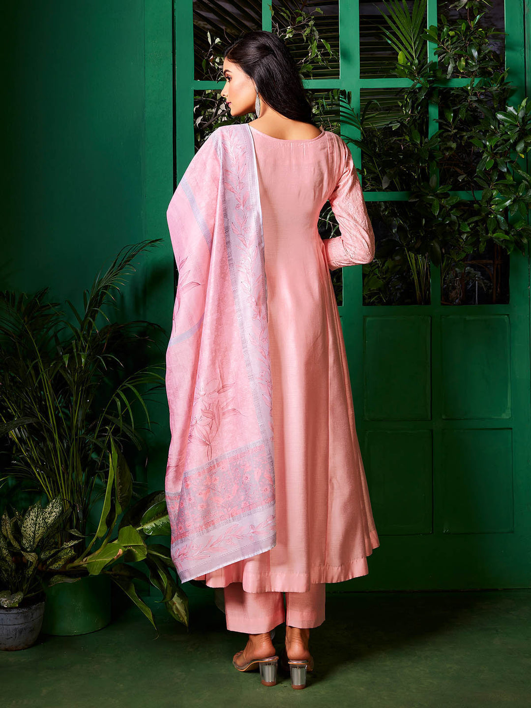 Soft Pink Semi-Silk Anarkali Set