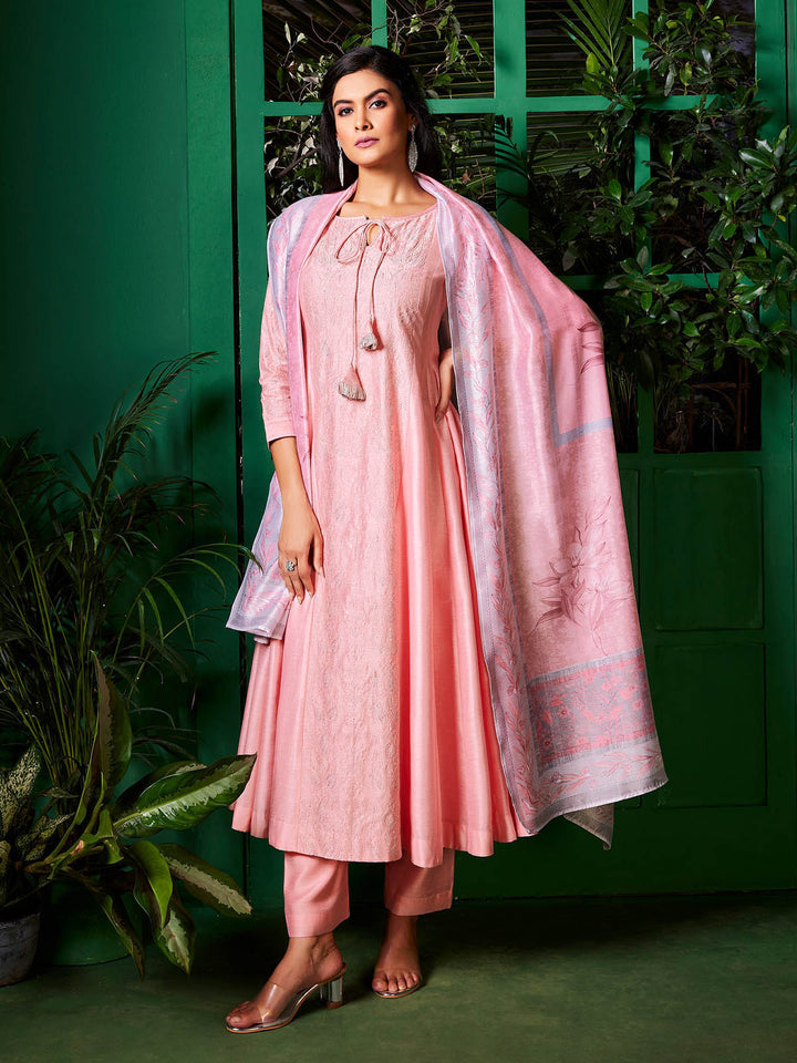 Soft Pink Semi-Silk Anarkali Set