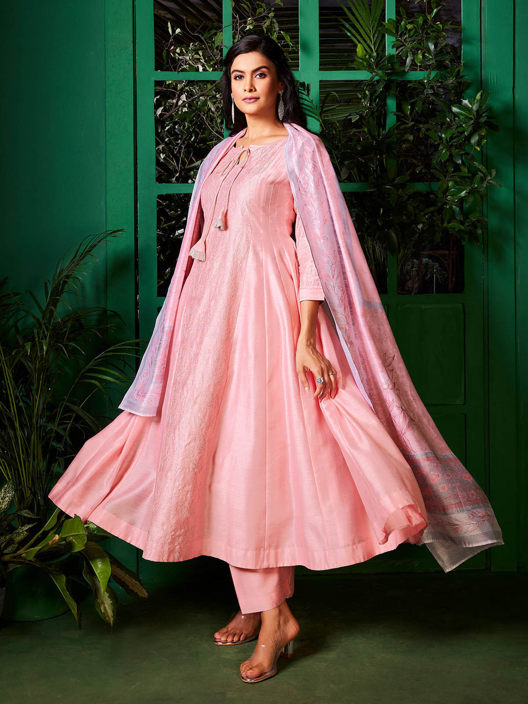 Soft Pink Semi-Silk Anarkali Set