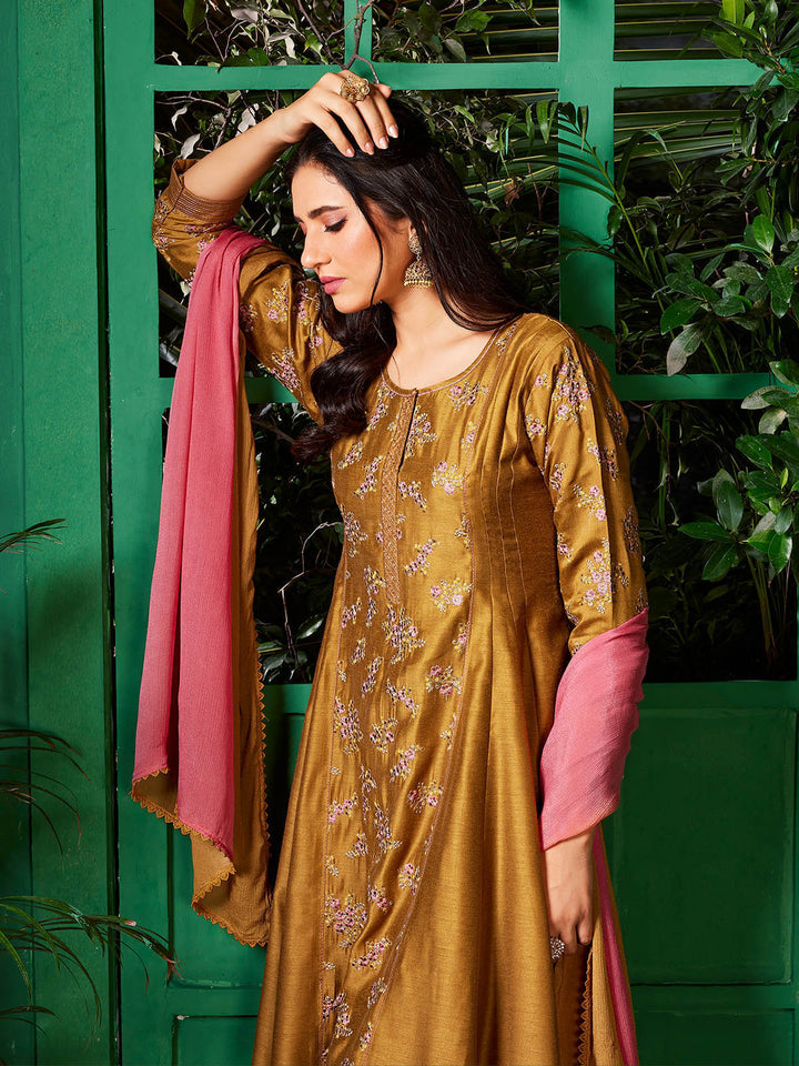 Golden Yellow Semi-Silk Anarkali Set