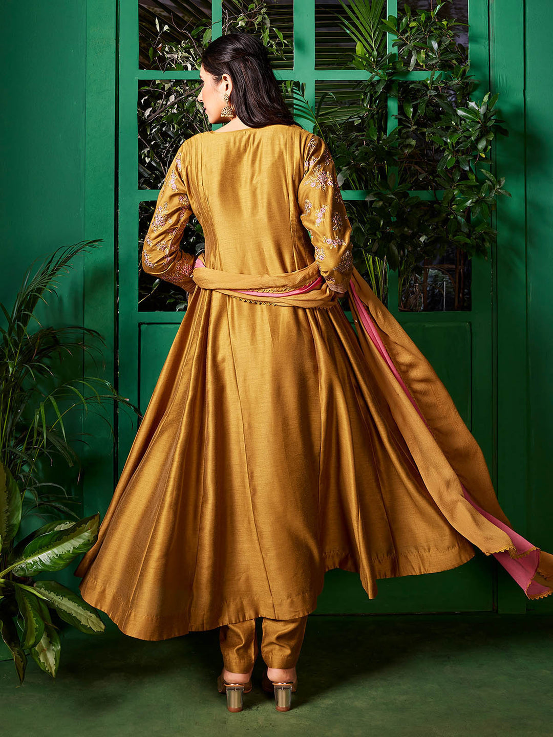 Golden Yellow Semi-Silk Anarkali Set