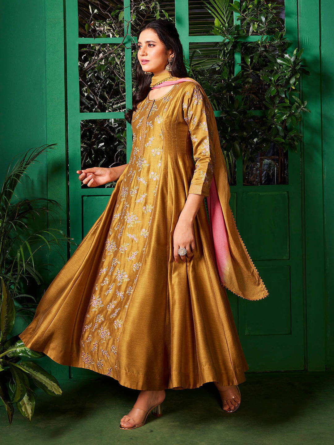 Golden Yellow Semi-Silk Anarkali Set