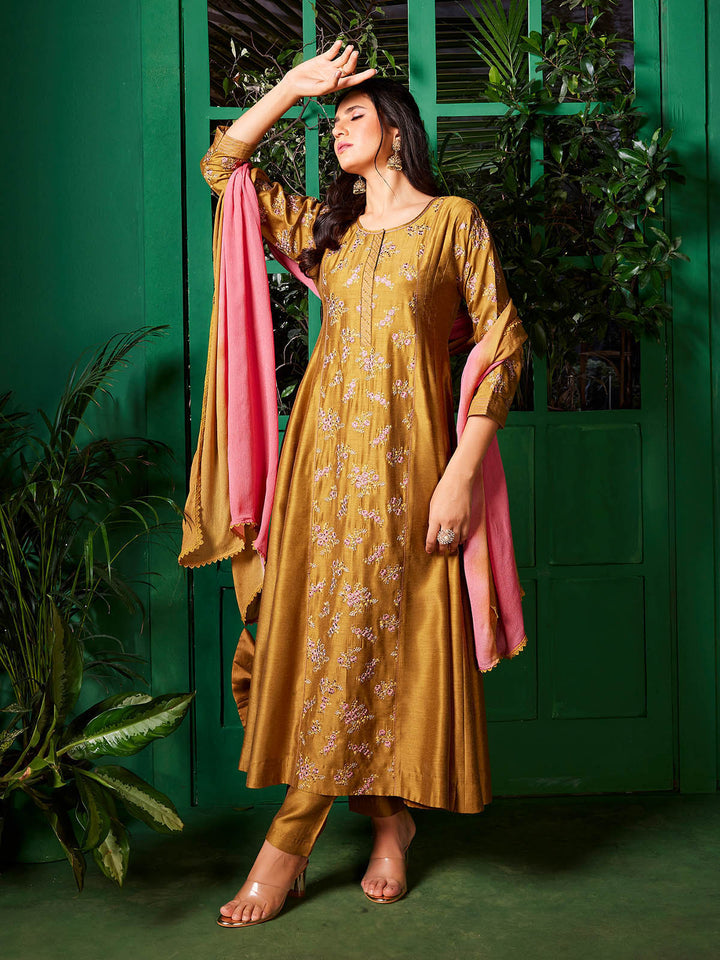 Golden Yellow Semi-Silk Anarkali Set