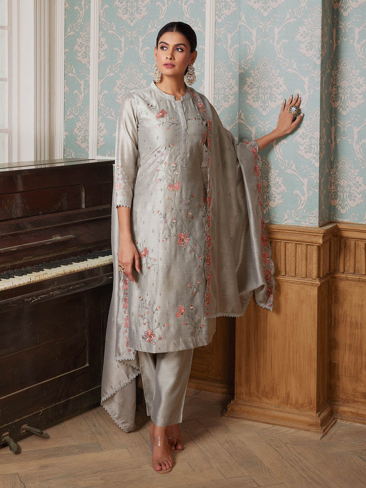 Dusty Grey Semi-Silk Suit Set