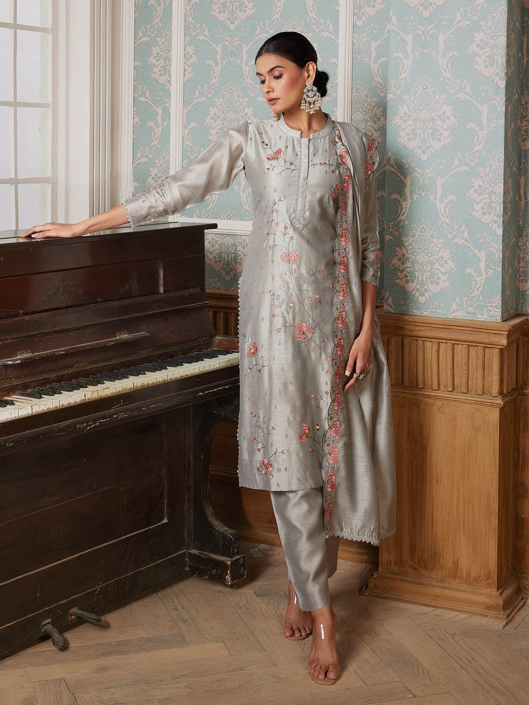 Dusty Grey Semi-Silk Suit Set