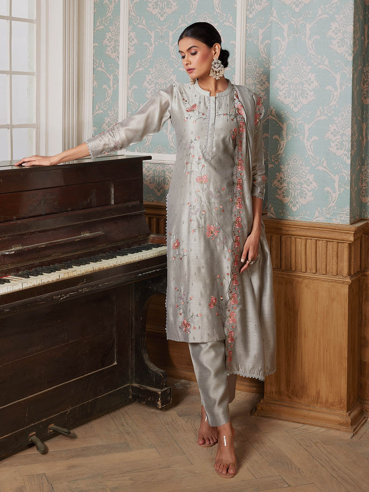 Dusty Grey Semi-Silk Suit Set