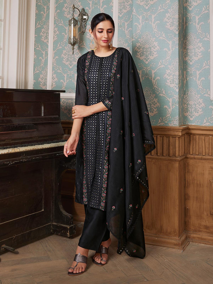 Black Semi-Silk Suit Set
