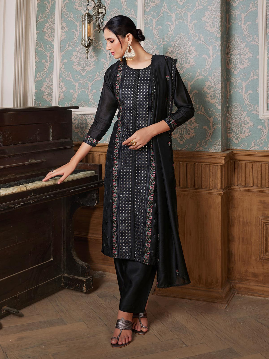 Black Semi-Silk Suit Set