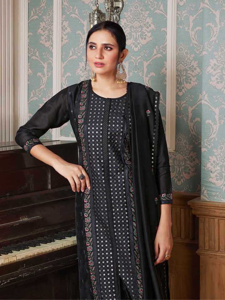 Black Semi-Silk Suit Set