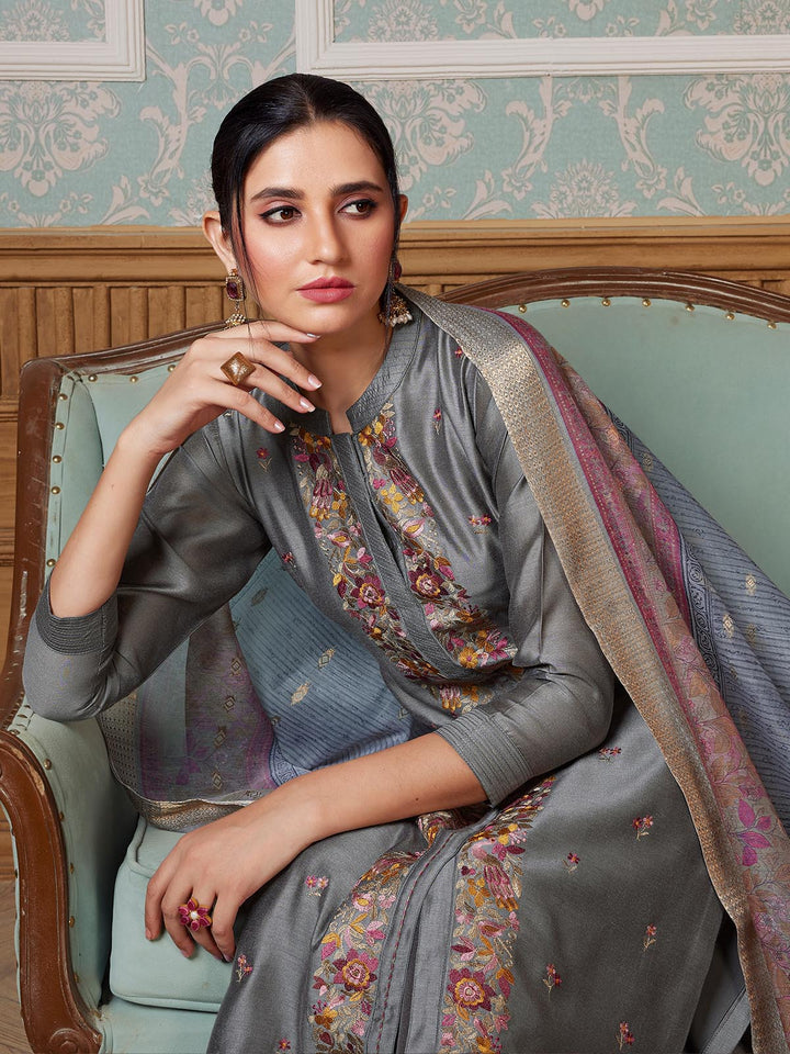 Slate Grey Semi-Silk Suit Set