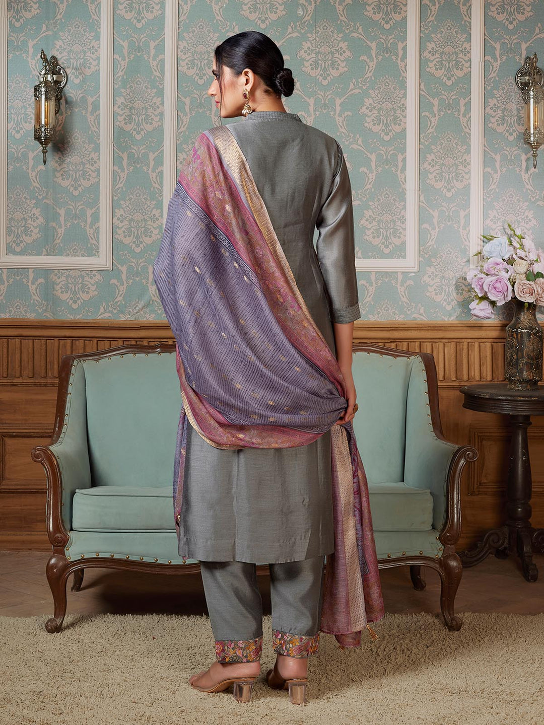 Slate Grey Semi-Silk Suit Set