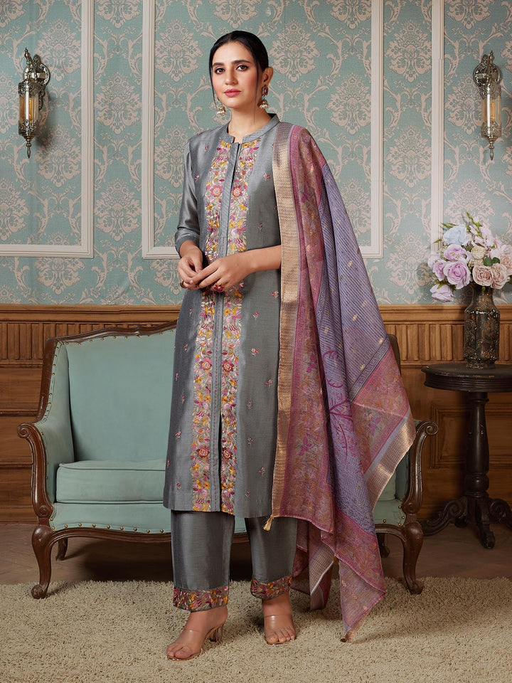 Slate Grey Semi-Silk Suit Set