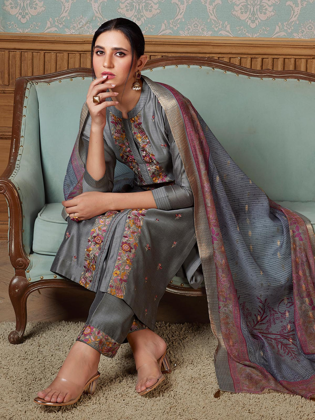 Slate Grey Semi-Silk Suit Set