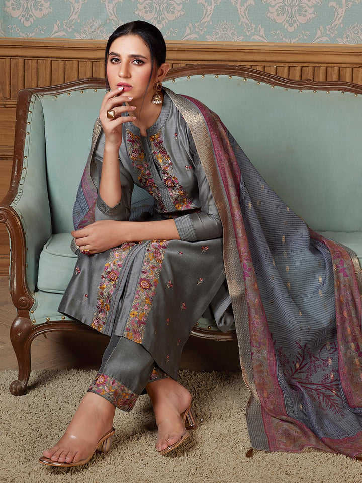 Slate Grey Semi-Silk Suit Set