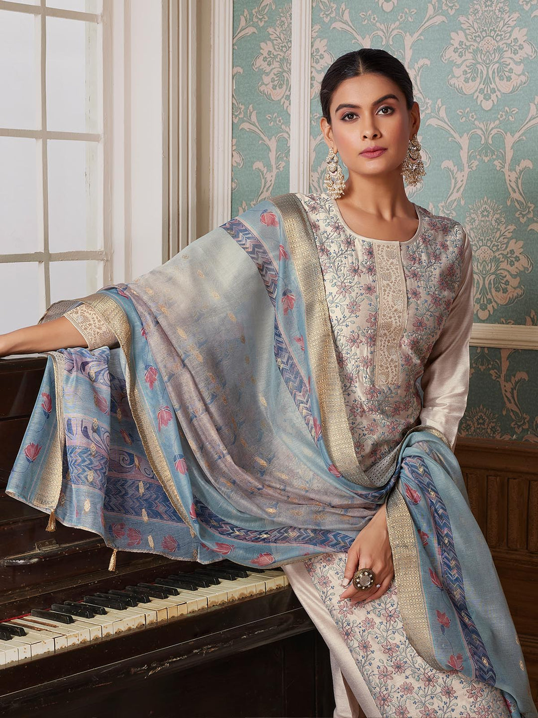 Light Grey Semi-Silk Suit Set