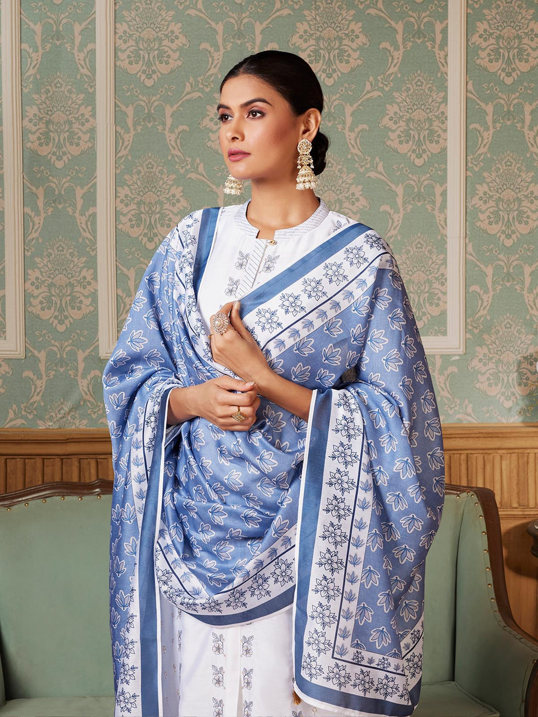 White Semi-Silk Suit Set