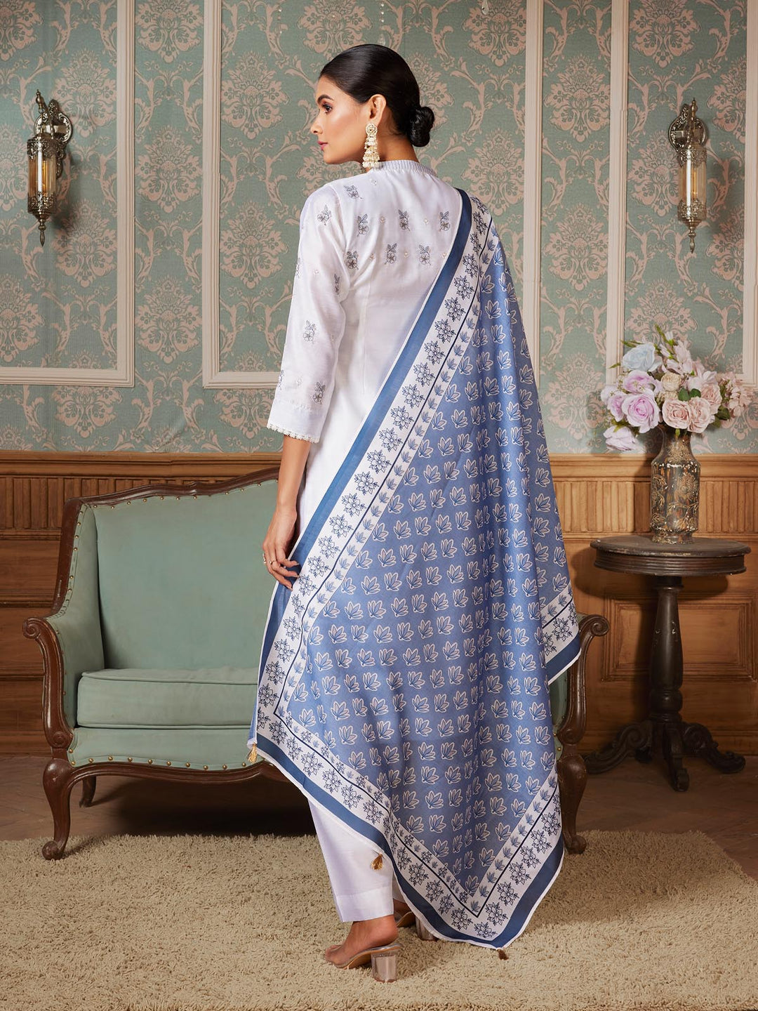 White Semi-Silk Suit Set
