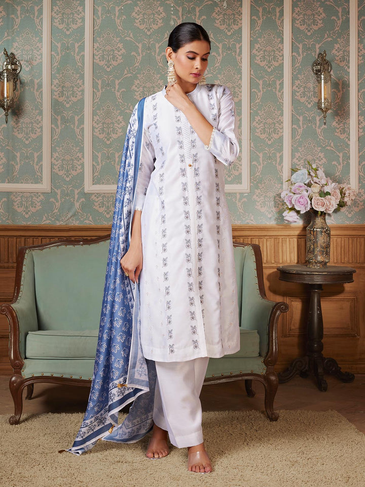 White Semi-Silk Suit Set