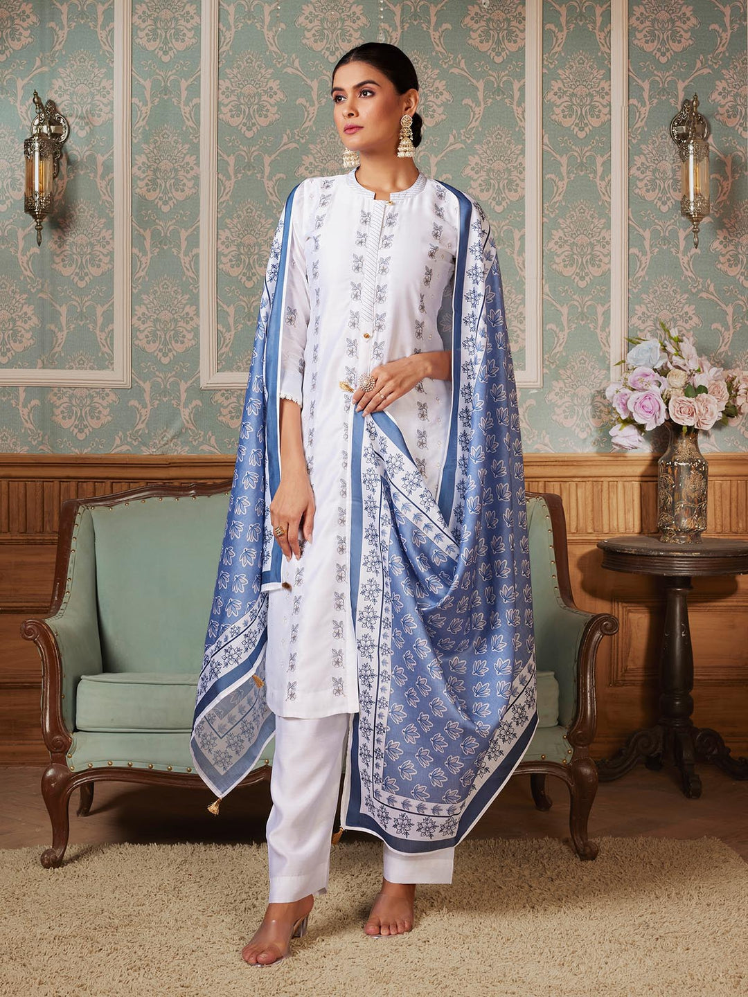 White Semi-Silk Suit Set