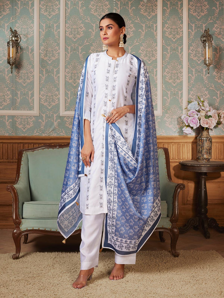White Semi-Silk Suit Set