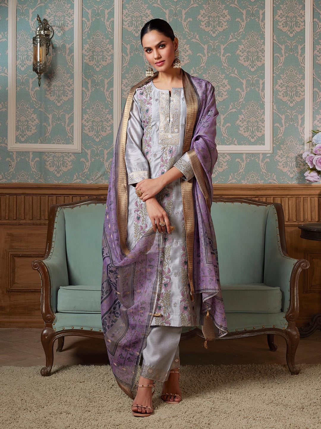 Grey Semi-Silk Suit Set