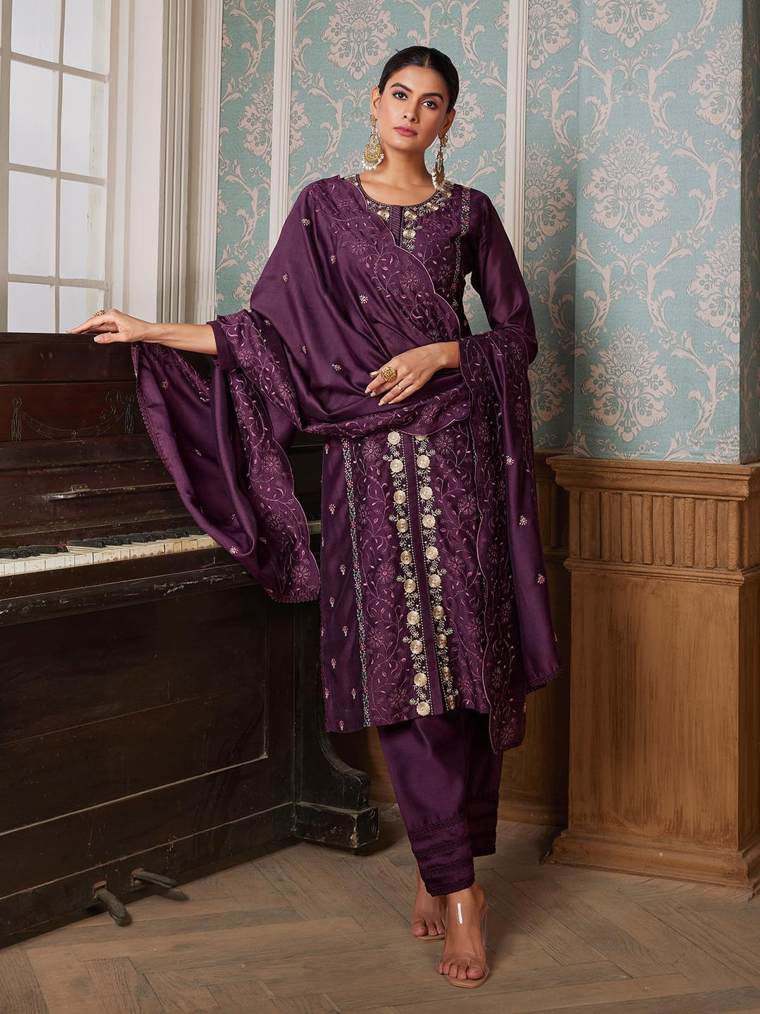 Wine Semi-Silk Suit Set