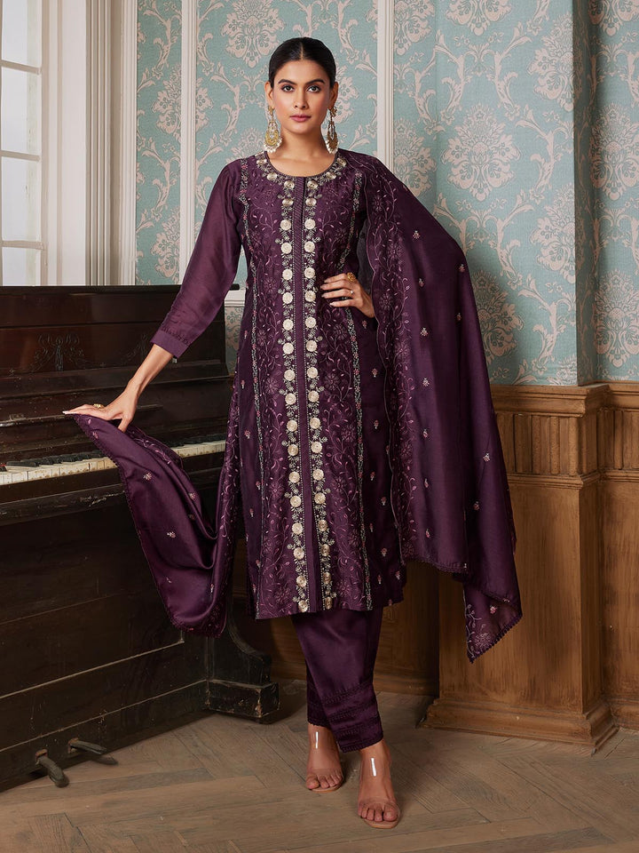 Wine Semi-Silk Suit Set