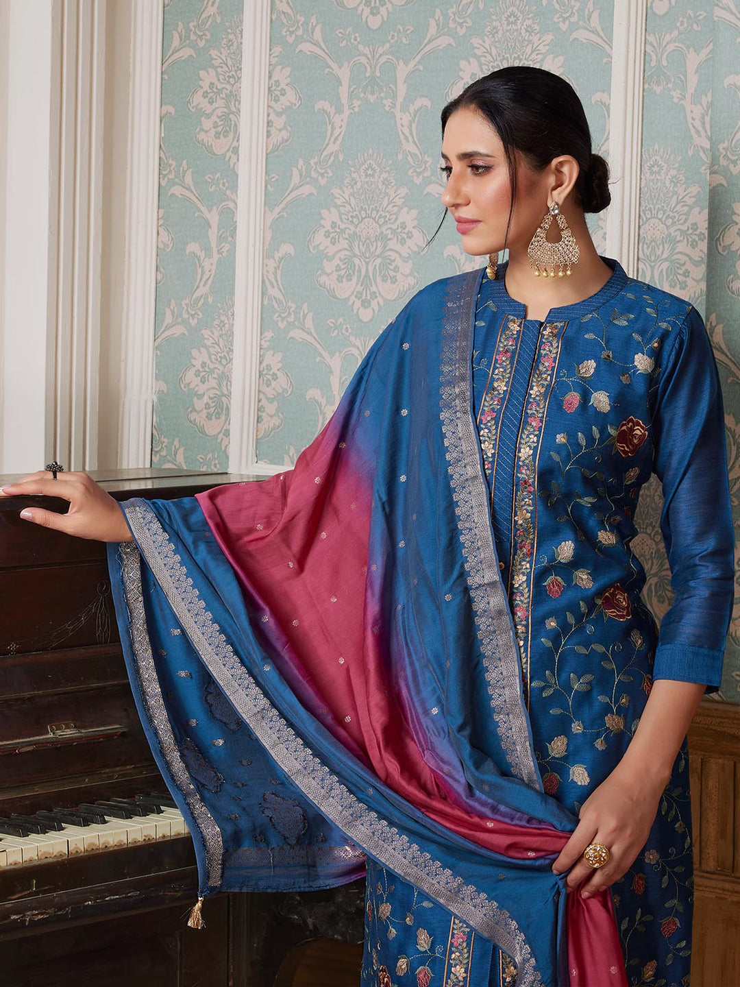 Vibrant Blue Semi-Silk Suit Set