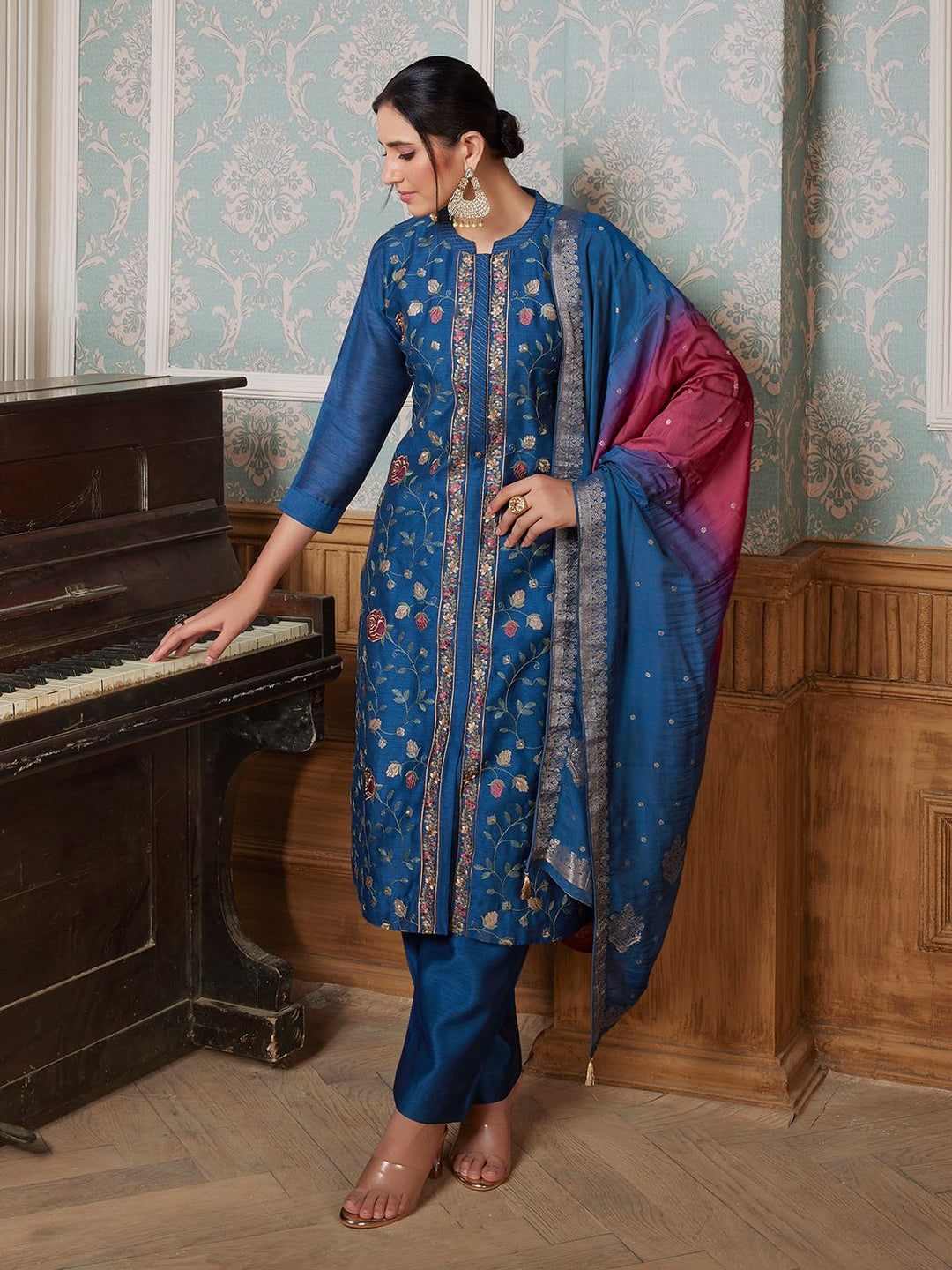 Vibrant Blue Semi-Silk Suit Set