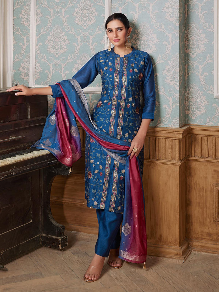 Vibrant Blue Semi-Silk Suit Set