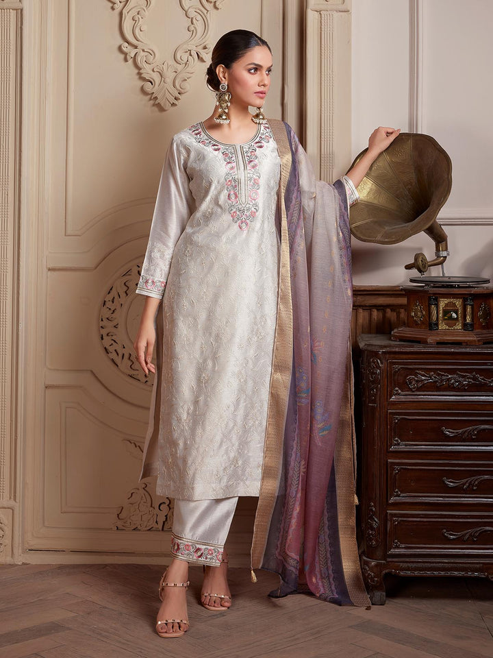 Pearl Grey Semi-Silk Suit Set